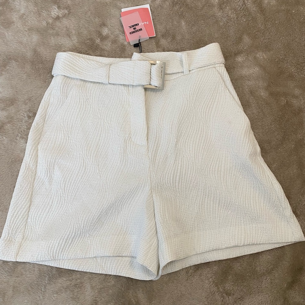 Naf Naf High Waisted Textured White Shorts With Belt